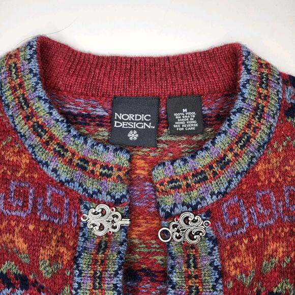 Nordic Design Wool Sweater Icelandic Style Metal Clasp Cardigan Red Blue - Picture 4 of 6